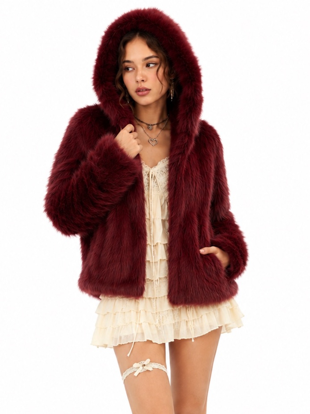 Wild Fable Burgundy Faux Fur Jacket S Y2K Mob Wife Glam Plush Coat